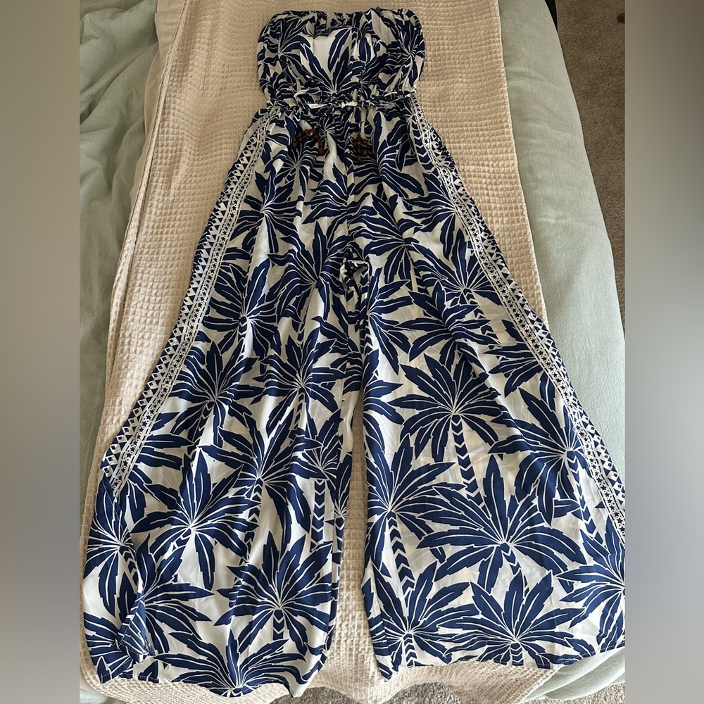 Navy and White Palm Print Jumpsuit
